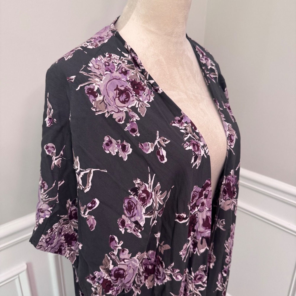 Womens Floral Open Front Kimono Wrap Purple Rose Oversized Cardigan Cover Up - Picture 6 of 12